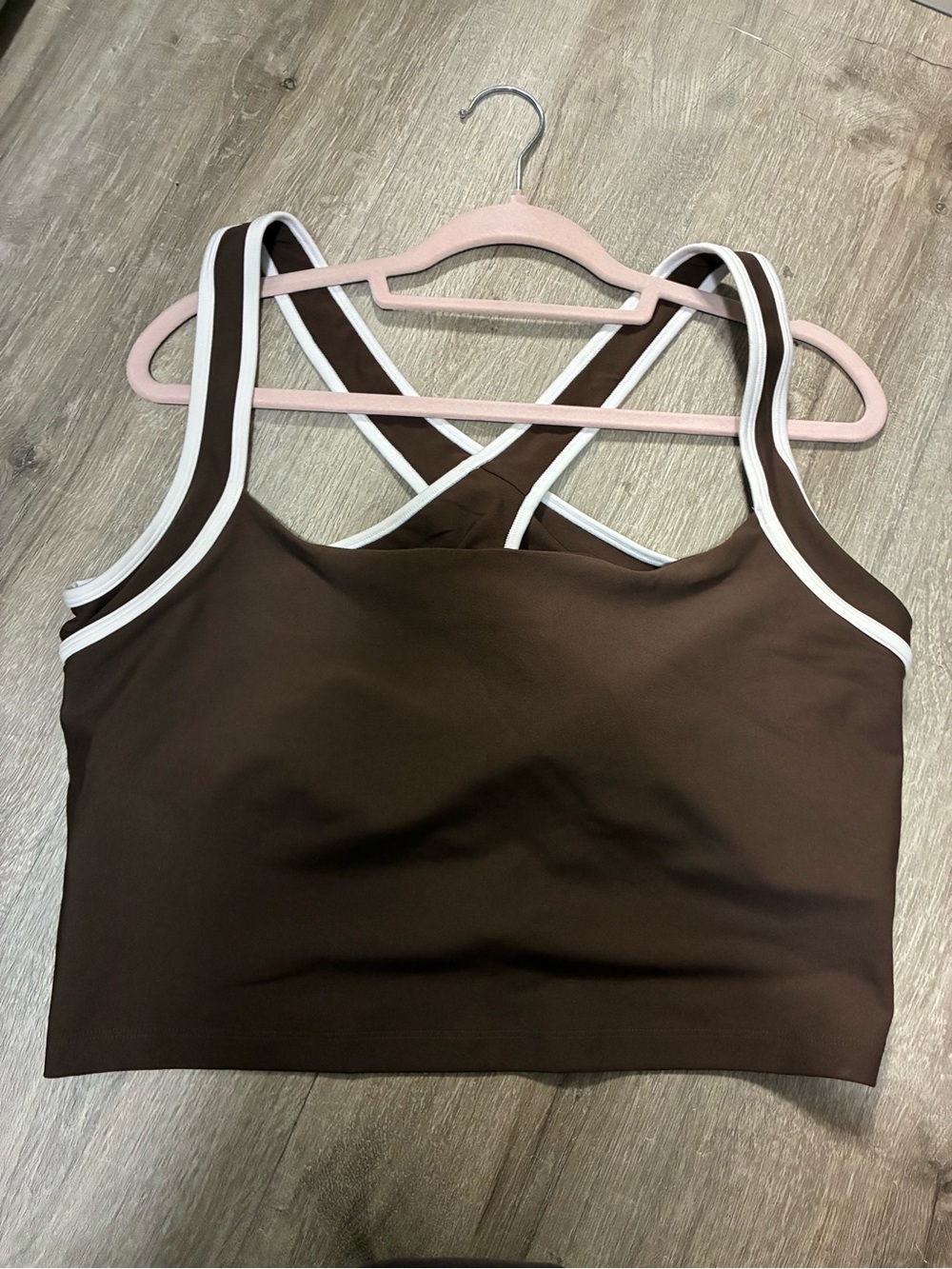 Cropped Brown Tank Top with White Trim and Crossback Straps